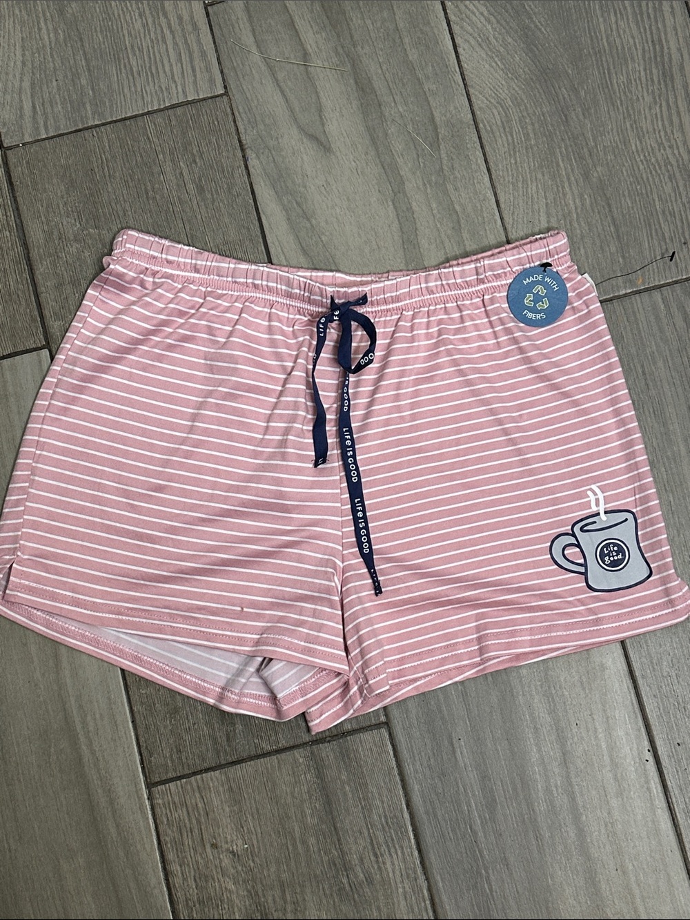 Life is Good Sleep Pink White Stripe Pajama Shorts Coffee Mug‎ Size Small